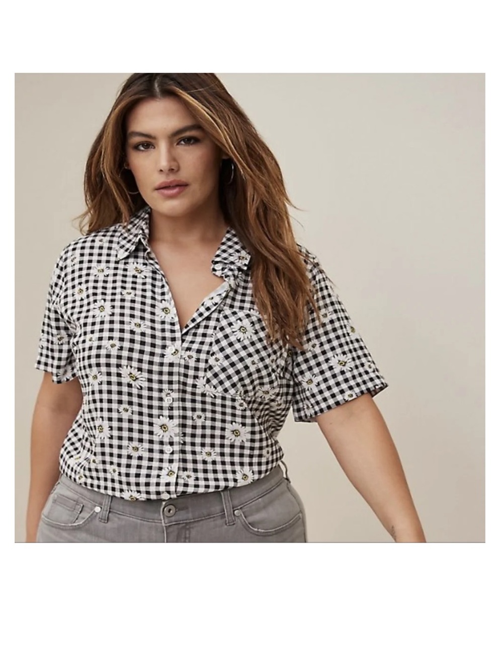 torrid Black & White Gingham Button-Front Shirt with Daisy Embroidery